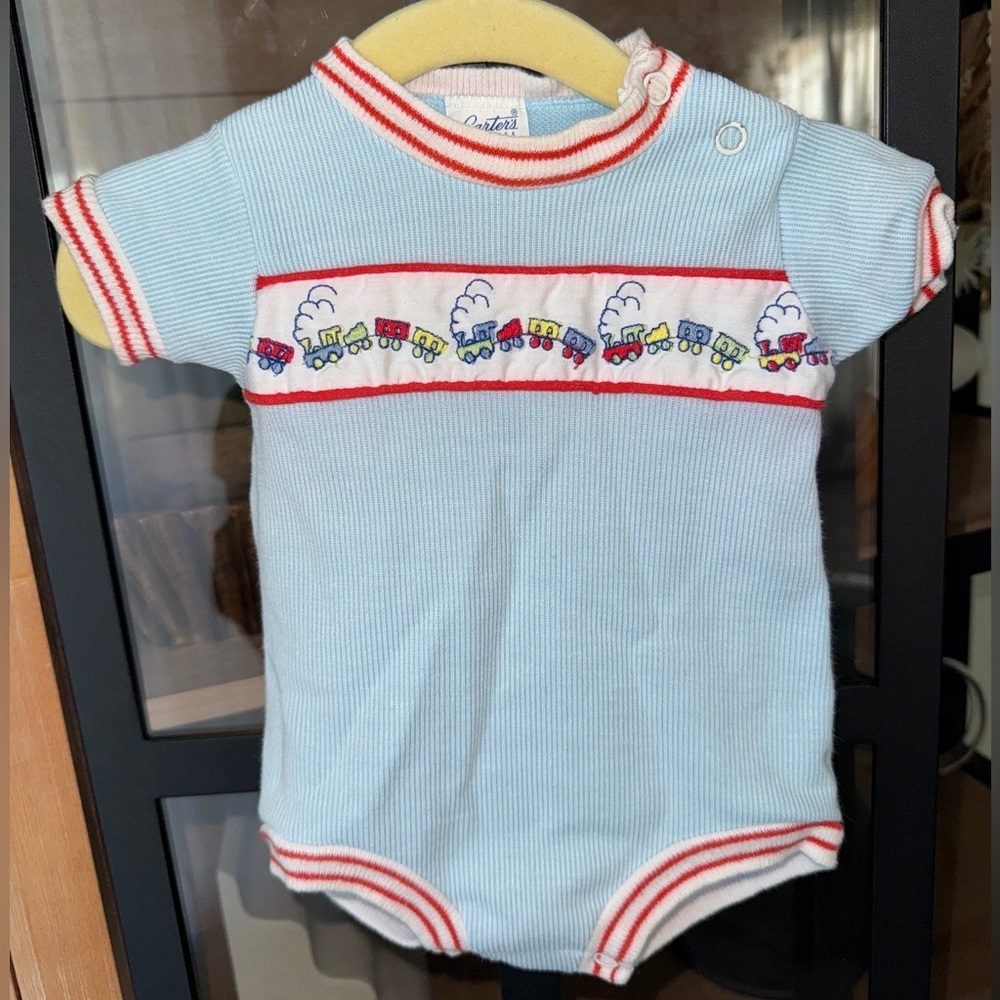 Vintage 90s Carter’s bubble romper embroidered train baby boy corduroy shortall